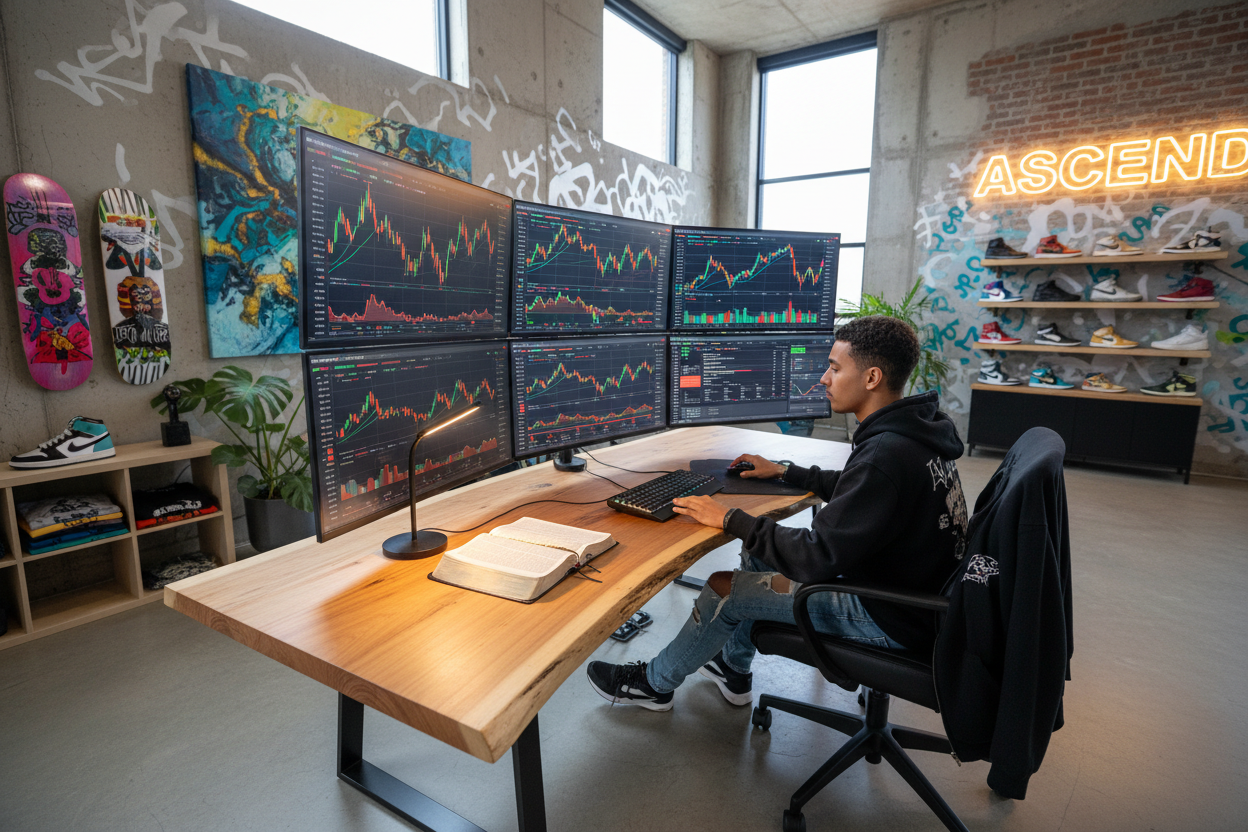 someone on a desk trading forex with a bible on the desk and skateboards around the room with cool designer clothes